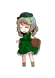 Rule 34 | 1girl, boots, brown footwear, card, chibi, closed eyes, crying, dairi, dress, green dress, green hair, green hat, hand up, hat, jewelry, key, key necklace, necklace, open mouth, short hair, solo, standing, tachi-e, touhou, transparent background, upset, yamashiro takane