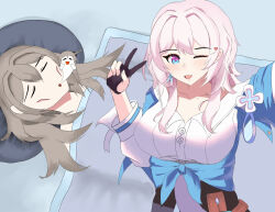 Rule 34 | 2girls, aftersex, bed, bed sheet, black gloves, choker, giving up the ghost, gloves, guy tired after sex (meme), highres, honkai: star rail, honkai (series), jacket, looking at viewer, march 7th (honkai: star rail), meme, multiple girls, open mouth, selfie, stelle (honkai: star rail), tied jacket, trailblazer (honkai: star rail), yuri