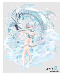 Rule 34 | 1girl, absurdres, aqua eyes, bare shoulders, barefoot, breasts, detached sleeves, dragon, dress, flute, full body, grey background, grey hair, highres, holding, holding instrument, instrument, long hair, medium breasts, music, navel, original, playing flute, playing instrument, revealing clothes, see-through, see-through dress, simple background, solo focus, stomach, taitai, toes, white hair