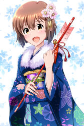 Rule 34 | 1girl, absurdres, arrow (projectile), blue flower, blue kimono, blush, bob cut, breasts, brown eyes, brown hair, cowboy shot, dot nose, floral background, floral print, flower, fur-trimmed kimono, fur trim, furisode, hagiwara yukiho, hair flower, hair ornament, hamaya, hands up, highres, holding, holding arrow, idolmaster, idolmaster (classic), idolmaster million live!, idolmaster million live! theater days, japanese clothes, kimono, long sleeves, looking at viewer, medium breasts, obi, obiage, obijime, open mouth, pink flower, print kimono, sash, short hair, smile, solo, standing, takatsuki p, white background, wide sleeves