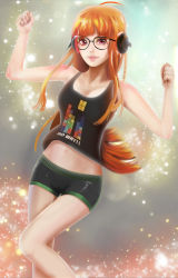 Rule 34 | 1girl, ahoge, arms up, bare shoulders, black legwear, black shirt, clenched hands, commentary, creamykisses, dancing, english commentary, glasses, headphones, highres, long hair, midriff, navel, open mouth, orange hair, persona, persona 5, persona 5: dancing star night, persona dancing, pixel art, purple eyes, sakura futaba, shiny skin, shirt, short shorts, shorts, simple background, solo focus, sparkle, sparkle background, sweatdrop, tank top, watermark