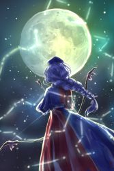 Rule 34 | 1girl, arrow (projectile), backlighting, bad id, bad pixiv id, bow (weapon), braid, braided ponytail, constellation, dress, from behind, full moon, hat, highres, long hair, low-tied long hair, moon, night, ponytail, rabiri, silver hair, single braid, sky, solo, star (sky), starry sky, touhou, weapon, yagokoro eirin