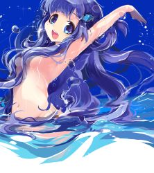 Rule 34 | 10s, 1girl, asari nanami, blue eyes, blue hair, blush, fish hair ornament, hair censor, hair ornament, idolmaster, idolmaster cinderella girls, long hair, looking at viewer, matching hair/eyes, nude, open mouth, outstretched arm, partially submerged, smile, solo, usoneko, water