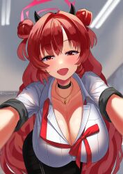 Rule 34 | 1girl, absurdres, blue archive, blush, breasts, highres, horns, kirara (blue archive), large breasts, looking at viewer, red eyes, red hair, school uniform, shirt, solo, suzume b, twitter username, white shirt