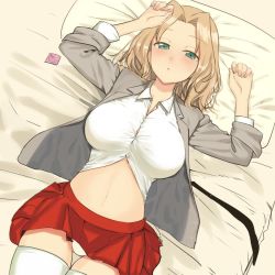 Rule 34 | 10s, 1girl, bad id, bad twitter id, blazer, blouse, blush, breasts, clothes lift, condom, condom wrapper, dutch angle, from above, girls und panzer, gluteal fold, green eyes, jacket, kay (girls und panzer), large breasts, light brown hair, looking at viewer, lying, medium hair, midriff, miniskirt, navel, necktie, unworn necktie, on back, on bed, panties, parted bangs, parted lips, partially unbuttoned, red skirt, school uniform, shirt, skirt, skirt lift, sleeves rolled up, solo, taut clothes, taut shirt, thigh gap, thighhighs, underwear, white panties, white shirt, white thighhighs, zettai ryouiki