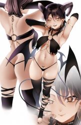 Rule 34 | 1girl, arm up, armlet, armpits, ass, bare shoulders, black hair, black nails, black panties, black thighhighs, blush, breasts, butt crack, cleavage, closed mouth, demon girl, detached sleeves, earrings, full body, hair between eyes, highres, horns, jewelry, long sleeves, looking at viewer, low wings, medium breasts, medium hair, multiple views, nail polish, navel, o-ring, o-ring top, original, panties, parted lips, pointy ears, pubic tattoo, simple background, smile, tattoo, thighhighs, thighs, torn clothes, torn legwear, underwear, white background, wings, yellow eyes, zasshu