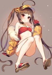 Rule 34 | 1girl, :o, ahoge, azur lane, bandeau, bare legs, bare shoulders, bikini, blunt bangs, breasts, brown hair, full body, fur collar, gloves, grey background, hair ornament, highres, icomochi, jacket, knees together feet apart, long hair, looking at viewer, ping hai (azur lane), ping hai (summer vacation) (azur lane), red bikini, red eyes, red gloves, sandals, side-tie bikini bottom, simple background, sitting, small breasts, solo, swimsuit, twintails, very long hair, visor cap