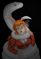 Rule 34 | 1girl, animal ears, asphyxiation, blue eyes, rabbit ears, charlotte e. yeager, coiled, constricting, dying, highres, jatts, military, military uniform, orange hair, peril, saliva, snake, squeezing, strangling, strike witches, tears, uniform, world witches series