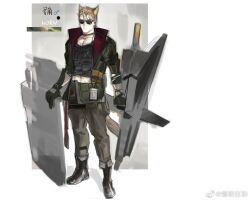 Rule 34 | 1boy, animal ear fluff, animal ears, arknights, bara, black choker, boots, choker, code2 ip, cropped shirt, extra ears, from side, full body, genderswap, genderswap (ftm), holding, holding shield, horn (arknights), light brown hair, looking at viewer, male focus, mars symbol, midriff, pectoral cleavage, pectorals, shield, short hair, solo, sunglasses, tail, thick eyebrows, wolf ears, wolf tail