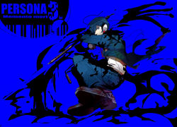 Rule 34 | 1boy, atlus, blood, blue background, blue eyes, blue hair, blue theme, copyright name, covered mouth, digital media player, from side, full body, headphones, male focus, matching hair/eyes, persona, persona 3, school uniform, simple background, solo, uniform, weapon, yuuki makoto (persona 3)