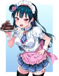 Rule 34 | 1girl, :d, absurdres, apron, black hair, black thighhighs, blue background, blue bow, blue neckwear, blue skirt, blush, bow, breasts, brooch, cake, center frills, chocolate cake, commentary request, earrings, fang, flower, food, frilled apron, frills, hair bow, hair bun, hair flower, hair ornament, highres, holding, holding plate, jewelry, leaning forward, long hair, looking at viewer, love live!, love live! school idol festival, love live! sunshine!!, maid, maid headdress, medium breasts, open mouth, pink apron, pink flower, pink rose, plate, pleated skirt, puffy short sleeves, puffy sleeves, purple eyes, rose, shirt, short sleeves, side bun, single hair bun, single side bun, skirt, smile, solo, striped, striped bow, tem10, thighhighs, tsushima yoshiko, two-tone background, very long hair, waist apron, white background, white shirt, wrist cuffs