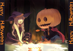 Rule 34 | 1girl, halloween, hama (22ji kara 24ji), happy halloween, hat, jack-o&#039;-lantern, original, pumpkin, witch hat