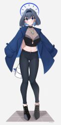 Rule 34 | 1girl, absurdres, alternate costume, arms behind back, bag, black bustier, black footwear, black pants, blue coat, blue eyes, blue hair, blush, breasts, bustier, cleavage, coat, dangle earrings, denim, earrings, full body, hair intakes, hairband, halo, handbag, highres, hololive, hololive english, jeans, jewelry, large breasts, long sleeves, magui3, medium hair, midriff, navel, necklace, open clothes, open coat, ouro kronii, pants, shoes, simple background, solo, standing, virtual youtuber, white background, white bag