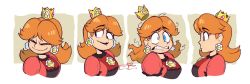 Rule 34 | 1girl, alternate color, clenched teeth, crown, dress, earrings, expressions, from side, gogomrdodo, highres, jewelry, looking to the side, mario (series), nintendo, orange hair, princess daisy, red dress, smile, solo, super smash bros., teeth, upper body