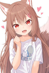 1girl :d animal_ears animal_print brown_hair clenched_hand fangs fish_print hair_ornament hairclip heart highres long_hair looking_at_viewer open_mouth original rade_(rade_552) red_eyes shirt short_sleeves simple_background smile tail white_background white_shirt wolf_ears wolf_girl wolf_tail