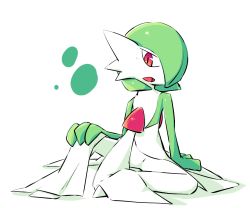 Rule 34 | 1girl, arm support, blush, bob cut, colored skin, creatures (company), female focus, flat chest, full body, game freak, gardevoir, gen 3 pokemon, green hair, green skin, hair over one eye, half-closed eyes, hand on own knee, knee up, light blush, multicolored skin, nintendo, one eye covered, open mouth, pokemon, pokemon (creature), red eyes, riipappa, short hair, simple background, sitting, sketch, solo, spread legs, two-tone skin, white background, white skin
