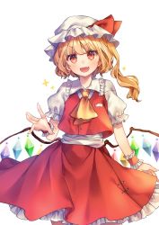 Rule 34 | 1girl, :d, absurdres, aiko ichigocchi, ascot, blonde hair, cowboy shot, crystal, fang, flandre scarlet, frilled skirt, frills, hat, hat ribbon, highres, looking at viewer, mob cap, open mouth, puffy short sleeves, puffy sleeves, red eyes, red vest, ribbon, short hair, short sleeves, side ponytail, simple background, skin fang, skirt, skirt set, smile, solo, touhou, vest, white background, wings, wrist cuffs