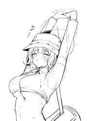 Rule 34 | 1girl, absurdres, arms up, bag, blue archive, blush, breasts, bucket hat, cleavage, closed mouth, greyscale, halo, hat, highres, large breasts, midriff, monochrome, putama, saki (blue archive), saki (swimsuit) (blue archive), short hair, simple background, solo, stretching, underboob, upper body