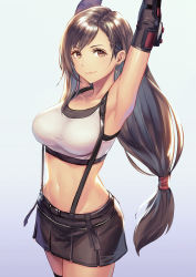 Rule 34 | 1girl, absurdres, anbe yoshirou, armpits, arms up, bare shoulders, belt, black hair, black skirt, black thighhighs, breasts, brown eyes, closed mouth, collarbone, cowboy shot, crop top, earrings, elbow pads, final fantasy, final fantasy vii, final fantasy vii remake, gradient background, highres, jewelry, large breasts, long hair, looking at viewer, low-tied long hair, midriff, miniskirt, navel, pleated skirt, shirt, skirt, sleeveless, sleeveless shirt, smile, solo, standing, stomach, suspenders, tank top, taut clothes, taut shirt, thighhighs, tifa lockhart, very long hair, white shirt, zettai ryouiki
