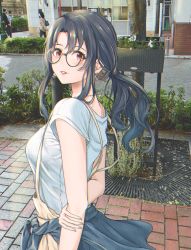 Rule 34 | 1girl, alt text, arm behind back, black hair, blush, brick road, clothes around waist, earrings, glasses, highres, holding own arm, idolmaster, idolmaster million live!, izuminnu, jewelry, looking at viewer, outdoors, parted bangs, photo background, red eyes, ribbed shirt, road, shirt, shirt around waist, skirt, solo, street, suspender skirt, suspenders, takayama sayoko