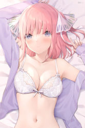Rule 34 | 1girl, 6u (eternal land), arm up, armpits, bare shoulders, bra, breasts, cleavage, closed mouth, collarbone, front-hook bra, front-tie top, frown, go-toubun no hanayome, hair ornament, hand up, large breasts, linea alba, lying, nakano nino, navel, off shoulder, on back, open clothes, open shirt, pink hair, purple eyes, purple shirt, shirt, short hair, solo, underwear, upper body, white bra
