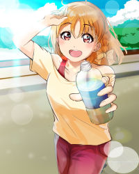 Rule 34 | 1girl, artist name, artist request, bare shoulders, blue sky, blush, bottle, bow, braid, cloud, collarbone, day, female focus, hair bow, hair ornament, hair scrunchie, highres, holding, holding bottle, katomaru 486, looking at viewer, love live!, love live! school idol festival, love live! sunshine!!, off-shoulder shirt, off shoulder, orange hair, outdoors, pants, red eyes, red pants, red shirt, scrunchie, shirt, short hair, sky, smile, solo, sweatpants, t-shirt, takami chika, undershirt, yellow bow, yellow shirt