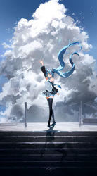 Rule 34 | 1girl, absurdres, bare shoulders, blouse, blue hair, cloud, cloudy sky, detached sleeves, closed eyes, floating hair, hand up, hatsune miku, highres, hoojiro, kneehighs, long hair, necktie, shadow, shirt, shoulder tattoo, skirt, sky, socks, solo, stairs, tattoo, thighhighs, twintails, very long hair, vocaloid, white shirt, wide shot