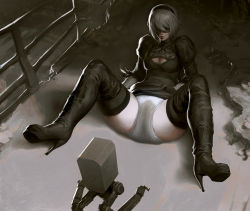 Rule 34 | black dress, black hairband, blindfold, boots, cleavage cutout, clothing cutout, covered eyes, diaper, dress, feather-trimmed sleeves, hairband, high heel boots, high heels, long sleeves, nier (series), nier:automata, pee, peeing, peeing self, pod (nier:automata), silver hair, thigh boots, thighhighs, underwear, 2b (nier:automata)