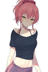 Rule 34 | 1girl, bare shoulders, black shirt, bow, collarbone, commentary request, hair between eyes, hair bow, high ponytail, idolmaster, idolmaster cinderella girls, jougasaki mika, looking at viewer, midriff, navel, off-shoulder shirt, off shoulder, pants, parted lips, pink hair, ponytail, purple pants, red bow, shirt, short sleeves, sidelocks, silltare, simple background, solo, sweatpants, white background, yellow eyes