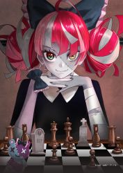 Rule 34 | 1girl, absurdres, ahoge, black bow, bow, chess piece, chessboard, colored skin, cosplay, dated, double bun, elizabeth harmon, elizabeth harmon (cosplay), grey hair, grey skin, hair bun, heterochromia, highres, hololive, hololive indonesia, kivo, kureiji ollie, multicolored hair, pink hair, red eyes, red hair, smile, solo, stitched arm, stitched face, stitches, the queen&#039;s gambit, tombstone, udin (kureiji ollie), virtual youtuber, yellow eyes, zombie