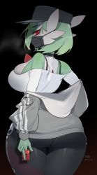 Rule 34 | 1girl, absurdres, bad id, bad twitter id, black background, black mask, breasts, condom, creatures (company), from behind, game freak, gardevoir, gen 3 pokemon, green hair, grey jacket, highres, holding, holding condom, jacket, large breasts, long sleeves, looking at viewer, mask, mouth mask, nintendo, pokemon, pokemon (creature), red eyes, shirt, short hair, simple background, track jacket, white shirt, yuio58ok