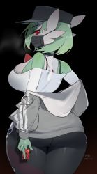 1girl absurdres bad_id bad_twitter_id black_background black_mask breasts condom creatures_(company) from_behind game_freak gardevoir gen_3_pokemon green_hair grey_jacket highres holding holding_condom jacket large_breasts long_sleeves looking_at_viewer mask mouth_mask nintendo pokemon pokemon_(creature) red_eyes shirt short_hair simple_background track_jacket white_shirt yuio58ok