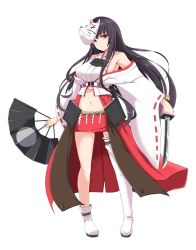 Rule 34 | 1girl, asymmetrical legwear, bare shoulders, black hair, boots, breasts, detached sleeves, fox mask, full body, hand fan, holding, holding fan, holding weapon, japanese clothes, kichihachi, kubota (oshiro project), large breasts, long hair, looking at viewer, mask, midriff, mismatched legwear, nontraditional miko, oshiro project:re, oshiro project:re, purple eyes, red skirt, short sword, skirt, solo, sword, thigh boots, thighhighs, transparent background, very long hair, weapon