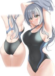 Rule 34 | 1girl, absurdres, armpits, arms up, ass, black one-piece swimsuit, breasts, commentary request, competition swimsuit, cowboy shot, highres, kashiwagi saki, kibihimi, large breasts, long hair, looking at viewer, multiple views, one-piece swimsuit, ongeki, simple background, standing, swimsuit, white background, white hair, yellow eyes