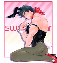 Rule 34 | 1boy, absurdres, animal ears, armband, bara, battle tendency, between legs, black hair, black leotard, black nails, chinese commentary, choker, commentary request, crossdressing, diagonal stripes, earrings, eyelashes, fake animal ears, fake tail, finger to mouth, from side, full body, gradient background, green eyes, hand between legs, high heels, highres, jewelry, jojo no kimyou na bouken, joseph joestar, joseph joestar (young), leotard, male focus, male playboy bunny, muscular, muscular male, nail polish, pantyhose, pom pom (clothes), pom pom earrings, rabbit ears, rabbit tail, red footwear, ribbon choker, shiny clothes, short hair, sideways glance, sitting, solo, strapless, strapless leotard, striped, striped background, tail, wariza, wrist cuffs, xing xiao