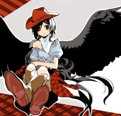Rule 34 | 1girl, bandana, bird tail, black hair, black wings, blue shirt, boots, brown footwear, closed mouth, commentary request, feathered wings, flat chest, frilled sleeves, frills, hat, highres, kaigen 1025, kurokoma saki, no sclera, off-shoulder shirt, off shoulder, plaid, red eyes, red hat, shirt, smile, solo, tail, touhou, white bandana, wings