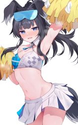 Rule 34 | 1girl, absurdres, animal ears, arm up, armpits, black hair, blue archive, blue eyes, blush, breasts, cheerleader, cleavage, commentary request, cowboy shot, dog ears, dog girl, dog tail, eyewear on head, fang, goggles, goggles on head, groin, hibiki (blue archive), hibiki (cheer squad) (blue archive), highres, holding, holding pom poms, looking at viewer, medium breasts, millennium cheerleader outfit (blue archive), navel, nose blush, panties, parted lips, pleated skirt, pom pom (cheerleading), pom poms, purple panties, racchi., simple background, skin fang, skirt, solo, star sticker, stomach, sweat, tail, thighs, underwear, wavy mouth, white background, white panties, white skirt