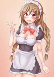 Rule 34 | 1girl, alternate costume, anti (untea9), apron, black dress, blush, braid, breasts, brown background, cleavage, cloud hair ornament, dress, embarrassed, enmaided, frilled apron, frilled dress, frills, gradient background, highres, kantai collection, light brown hair, long hair, maid, maid headdress, medium breasts, minegumo (kancolle), puffy short sleeves, puffy sleeves, red eyes, short sleeves, solo, twin braids, waist apron, white apron