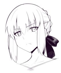Rule 34 | &gt;:&lt;, 1girl, :&lt;, artoria pendragon (all), artoria pendragon (fate), boa (brianoa), braid, closed mouth, commentary, fate/stay night, fate (series), frown, greyscale, hair between eyes, hair bun, hair ribbon, looking at viewer, monochrome, nude, portrait, ribbon, saber alter, short hair, sidelocks, simple background, single hair bun, solo, v-shaped eyebrows, white background