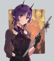 Rule 34 | 1girl, alternate costume, arknights, black dress, black gloves, black ribbon, blurry, blurry background, border, chandelier, closed mouth, dress, flute, gloves, grey border, hair bun, hair ribbon, halterneck, hibiscus (arknights), hibiscus the purifier (arknights), highres, holding, holding instrument, horns, instrument, long sleeves, looking at viewer, neck ribbon, noshima, outside border, parted bangs, pink ribbon, pointy ears, purple eyes, purple hair, ribbon, see-through, single hair bun, smile, solo, upper body