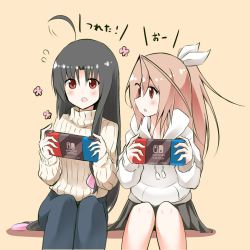 Rule 34 | 2girls, ahoge, alternate costume, beige sweater, black hair, blue pants, brown eyes, casual, commentary request, grey skirt, hair ribbon, hood, hooded sweater, kantai collection, long hair, looking at another, low-tied long hair, multiple girls, nintendo switch, pants, pia (botamochinjufu), pink background, pink hair, ponytail, ribbed sweater, ribbon, shouhou (kancolle), simple background, sitting, skirt, sweater, turtleneck, turtleneck sweater, white ribbon, white sweater, zuihou (kancolle)