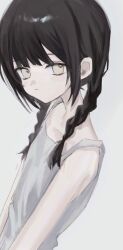 Rule 34 | 1girl, 6nemua, black hair, braid, closed mouth, collarbone, expressionless, flat chest, grey eyes, grey tank top, highres, long hair, looking at viewer, original, solo, tank top, twin braids, upper body, white background