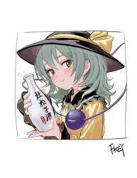 Rule 34 | 1girl, artist name, black hat, blush, bottle, bow, commentary request, fkey, frilled shirt collar, frills, green eyes, green hair, hat, hat bow, holding, holding bottle, komeiji koishi, long sleeves, looking at viewer, medium hair, sake bottle, shirt, simple background, solo, third eye, touhou, translation request, upper body, white background, yellow bow, yellow shirt