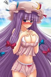 Rule 34 | 1girl, beach, bespectacled, bikini, blush, bow, breasts, crescent, embarrassed, female focus, glasses, hair bow, hat, kurowana, large breasts, long hair, ocean, outdoors, patchouli knowledge, purple eyes, purple hair, sky, solo, swimsuit, touhou, very long hair