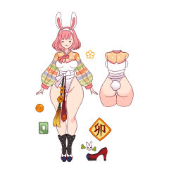 Rule 34 | 1girl, animal ears, ass, breasts, character sheet, green eyes, high heels, japanese clothes, medium breasts, multiple views, pink hair, rabbit ears, rabbit tail, tail, thick thighs, thighs, toriseru (rare stone), wide hips