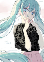 1girl, alternate costume, aqua eyes, aqua hair, aqua nails, backlighting, beige background, breasts, character name, covered mouth, dot nose, earrings, eyebrows visible through hair, eyelashes, facing viewer, fashion, fingernails, fingers together, floral print, flower earrings, gradient, gradient background, hand to own mouth, hands up, hatsune miku, hazuki natsu, head tilt, highres, jewelry, lace, lace trim, light blush, light particles, long hair, looking to the side, nail polish, pale skin, pink skirt, pleated skirt, see-through, shaded face, shirt tucked in, simple background, skirt, small breasts, solo, straight hair, tank top, tareme, twintails, twitter username, upper body, vocaloid, white background, wide sleeves