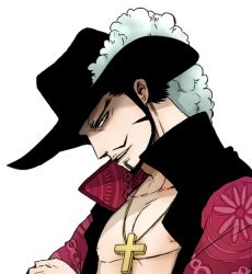 Rule 34 | 1boy, black hair, black hat, chinstrap, crossed arms, dracule mihawk, facial hair, hat, hat feather, jewelry, lining, male focus, mustache, necklace, one piece, open clothes, open shirt, print shirt, shirt, solo, yellow eyes