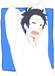Rule 34 | 1boy, ;d, adachi tooru, arms behind head, arms up, atlus, black eyes, black hair, blue background, ginsyari, kishiwada robin, long sleeves, looking at viewer, male focus, one eye closed, open mouth, persona, persona 4, simple background, smile, solo, stretching, sweater, teardrop, teeth, upper body, white sweater