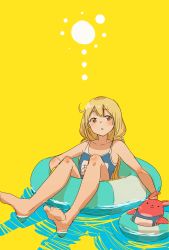 Rule 34 | 1girl, bare legs, barefoot, blonde hair, blue one-piece swimsuit, blush, bouen, brown eyes, floating, futaba anzu, highres, idolmaster, idolmaster cinderella girls, innertube, long hair, looking at viewer, low twintails, name tag, one-piece swimsuit, open mouth, parted lips, school swimsuit, simple background, sitting, solo, stuffed animal, stuffed rabbit, stuffed toy, swim ring, swimsuit, twintails, yellow background