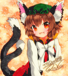Rule 34 | 1girl, :d, animal ear fluff, animal ears, bad id, bad pixiv id, brown hair, cat ears, cat tail, chen, dress, earrings, fangs, gold trim, hat, jewelry, mob cap, multiple tails, nekomata, open mouth, qqqrinkappp, red dress, red eyes, shikishi, short hair, single earring, smile, solo, tail, touhou, traditional media, two tails